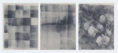 Full view of Ink on Paper 23-25 Original Fine Art Painting Triptych Collection showing all three abstract ink panels in a cohesive modern layout.