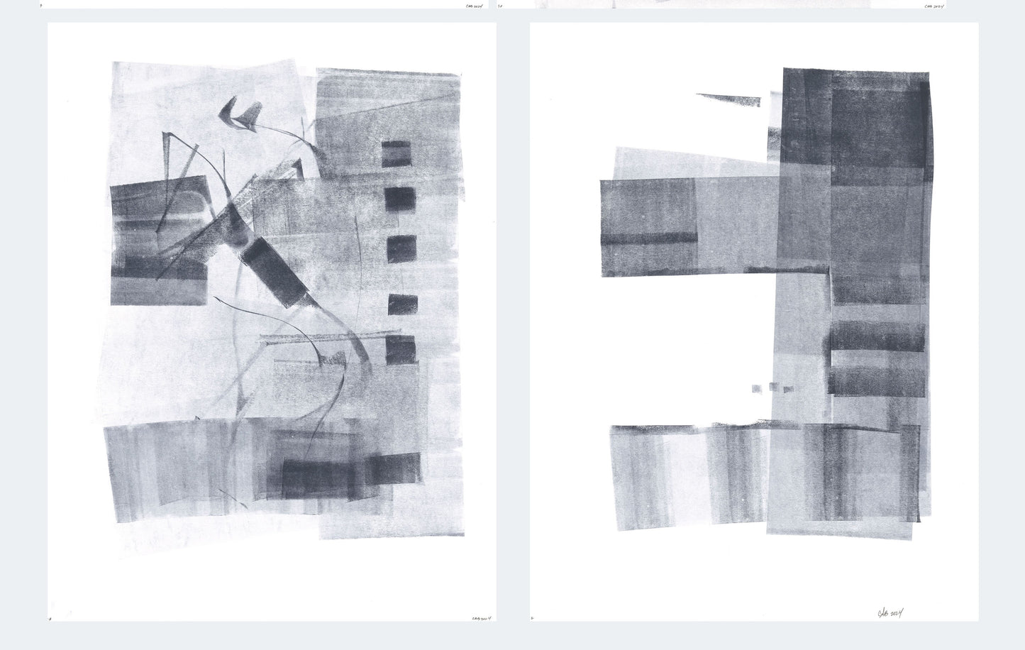 Full view of Ink on Paper 02-08 Original Fine Art Painting Diptych Collection with both abstract panels side by side in grayscale composition.