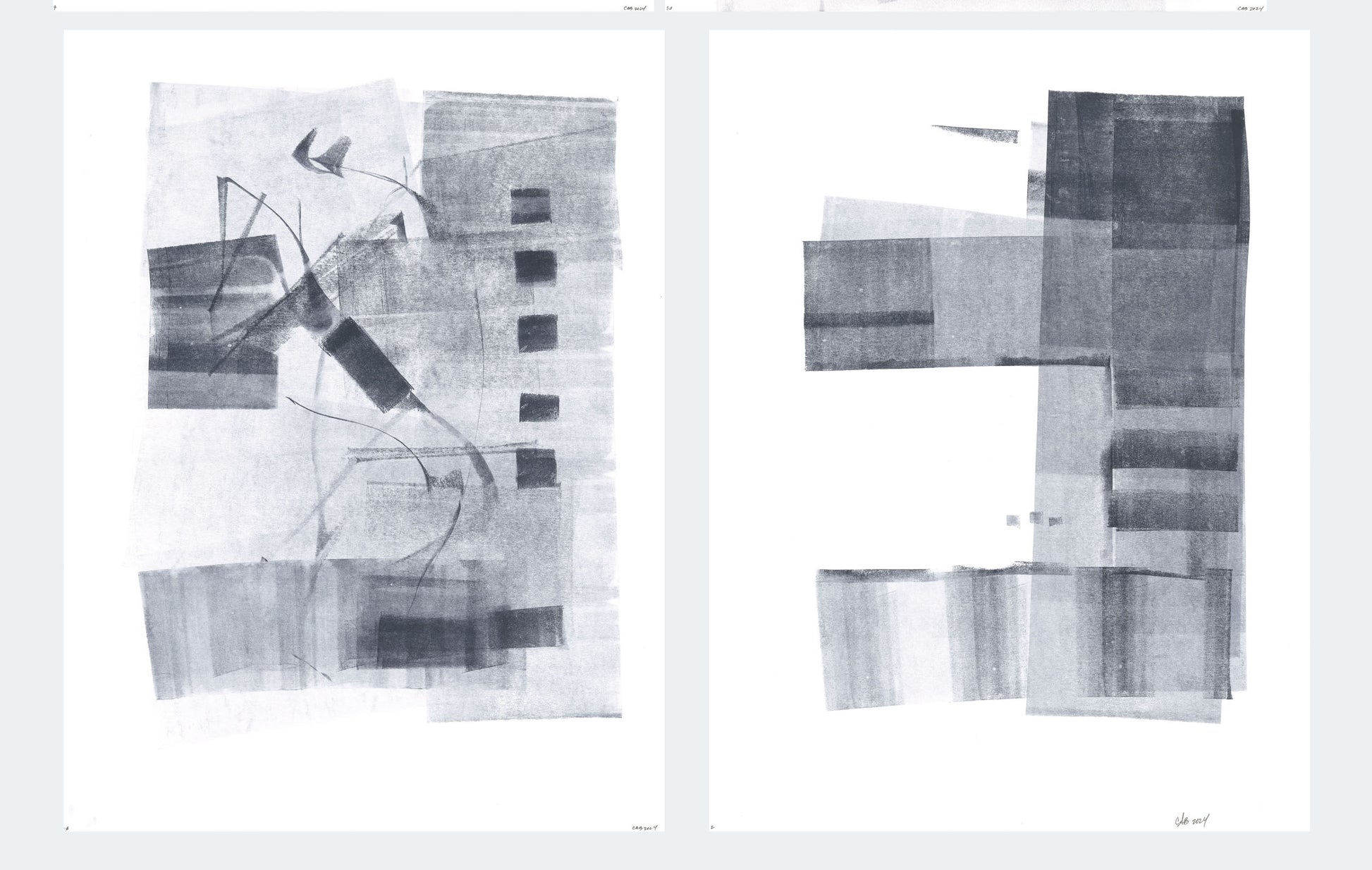 Full view of Ink on Paper 02-08 Original Fine Art Painting Diptych Collection with both abstract panels side by side in grayscale composition.