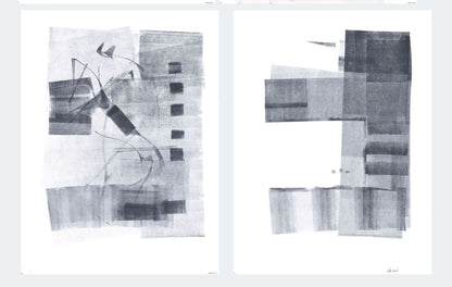 Full view of Ink on Paper 02-08 Original Fine Art Painting Diptych Collection with both abstract panels side by side in grayscale composition.