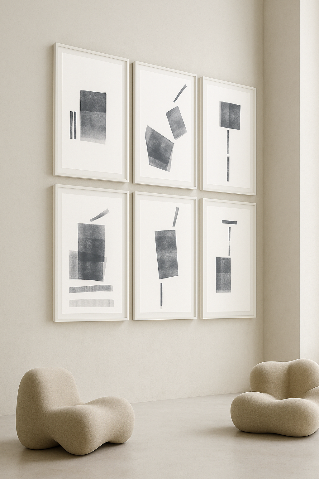 Ink on Paper 17-22 Original Fine Art Painting Hexaptych Collection displayed in modern minimalist room with six framed abstract monochrome prints.