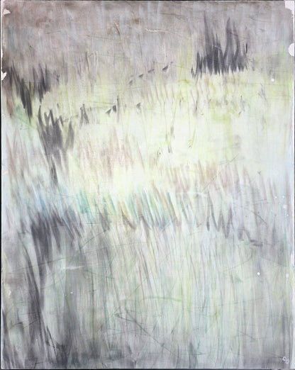 Original pastel monoprint art titled 'In the Haze' by Carrie Bergey, featuring abstract strokes in soft greens, blues, and grays on a 16x20 canvas.