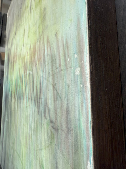 Side view of 'In the Haze' pastel monoprint by Carrie Bergey, showing canvas edge and subtle color transitions in the abstract artwork.