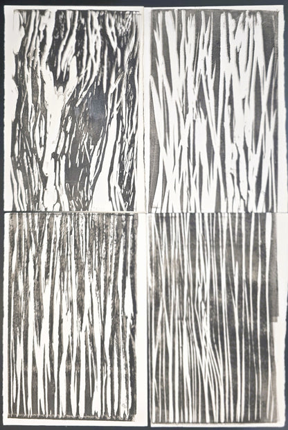 Full view of In the Weeds Original Fine Art Monoprint Quadriptych Collection by Carrie Bergey, featuring four abstract black and white prints.