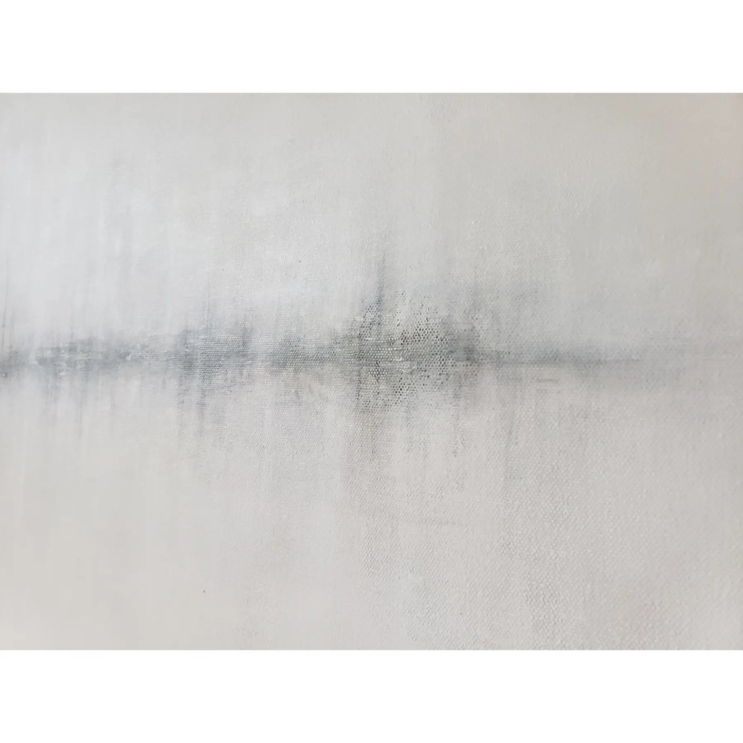 Detail view of Carrie Bergey's Morning Marina Painting shows subtle marina silhouettes and reflective water effects in soft gray and white tones.