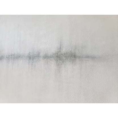 Detail view of Carrie Bergey's Morning Marina Painting shows subtle marina silhouettes and reflective water effects in soft gray and white tones.