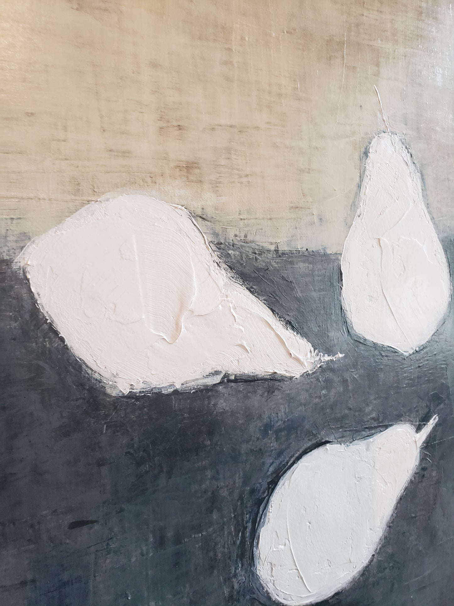 Detail of three white pears in Pears Linen & Denim Painting Diptych, highlighting layered texture and abstract minimalist design.