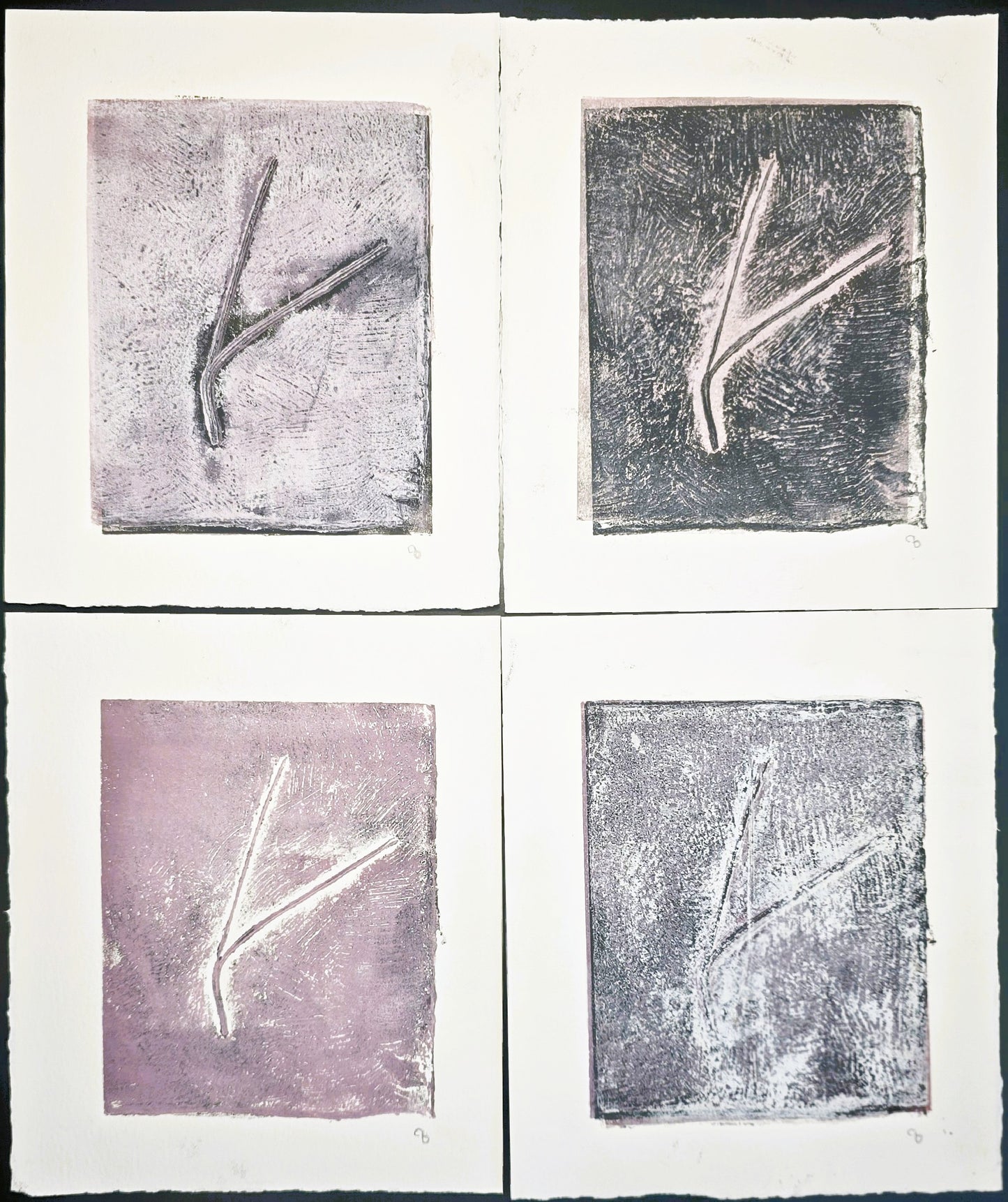 Set of 4 Pine Needles Becoming Original Monoprint Art by Carrie Bergey in black, white, grey, and purple tones, showcasing abstract botanical forms.