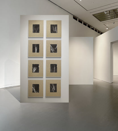 Pine Needles Monoprint Octaptych by Carrie Bergey displayed in a modern gallery with natural matting and black square prints.