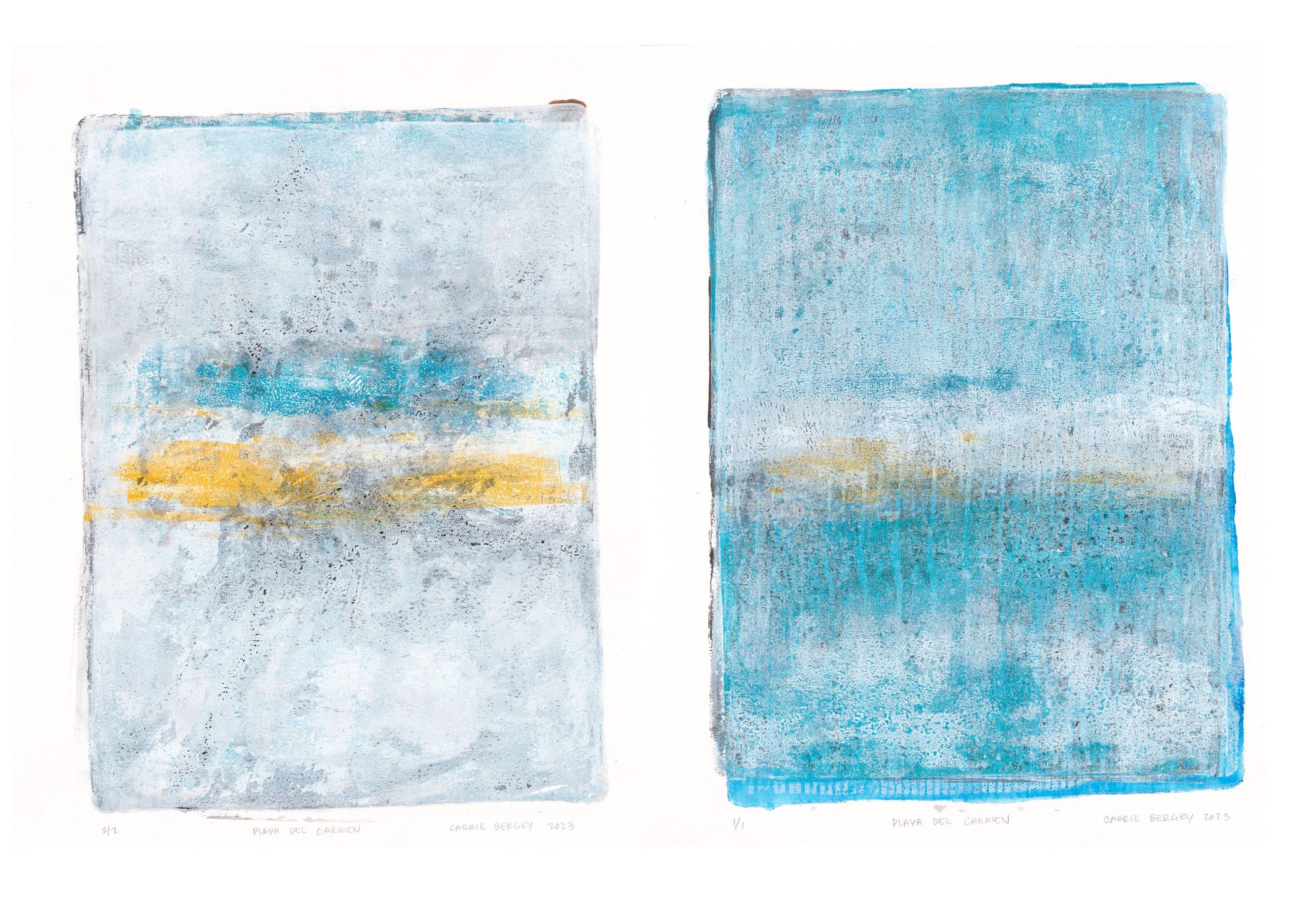 Playa Del Carmen Diptych Art - Monoprint Collection set of two abstract coastal prints with blue and yellow tones, perfect for modern decor.