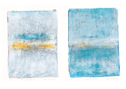 Playa Del Carmen Diptych Art - Monoprint Collection set of two abstract coastal prints with blue and yellow tones, perfect for modern decor.