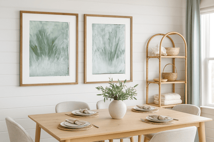 Framed Seagrass 01-02 Original Fine Art Monoprint Diptych by Carrie Bergey enhancing a coastal-inspired dining space with natural textures and soft tones.
