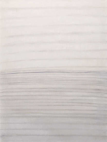 Stitched Horizon 02 Original Fine Art Mixed Media Painting by Carrie Bergey featuring layered textile textures and soft horizontal lines in neutral tones.