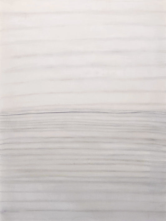 Stitched Horizon 02 Original Fine Art Mixed Media Painting by Carrie Bergey featuring layered textile textures and soft horizontal lines in neutral tones.